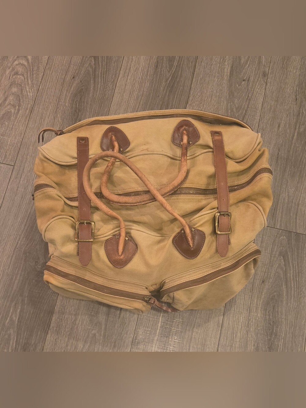 Vintage J.Crew Canvas Leather Weekender Duffel Bag Tan Brass Buckle Travel.